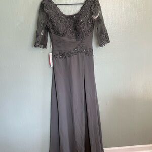 JJs House Gray Embroidered Long Sleeve Evening Gown
